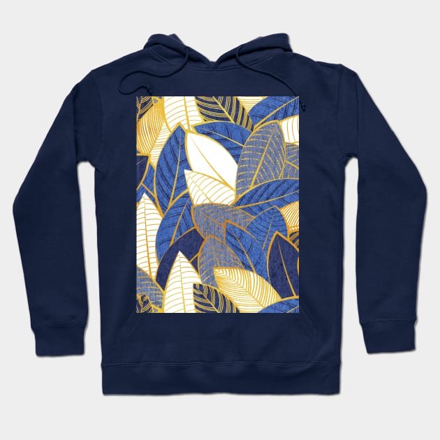 Leaf wall // pattern // navy royal and pale blue leaves golden lines Hoodie by SelmaCardoso